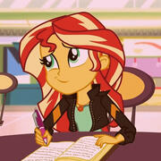 Sunset Shimmer from Equestria girls writing in a book, looking up and smiling as she thinks.